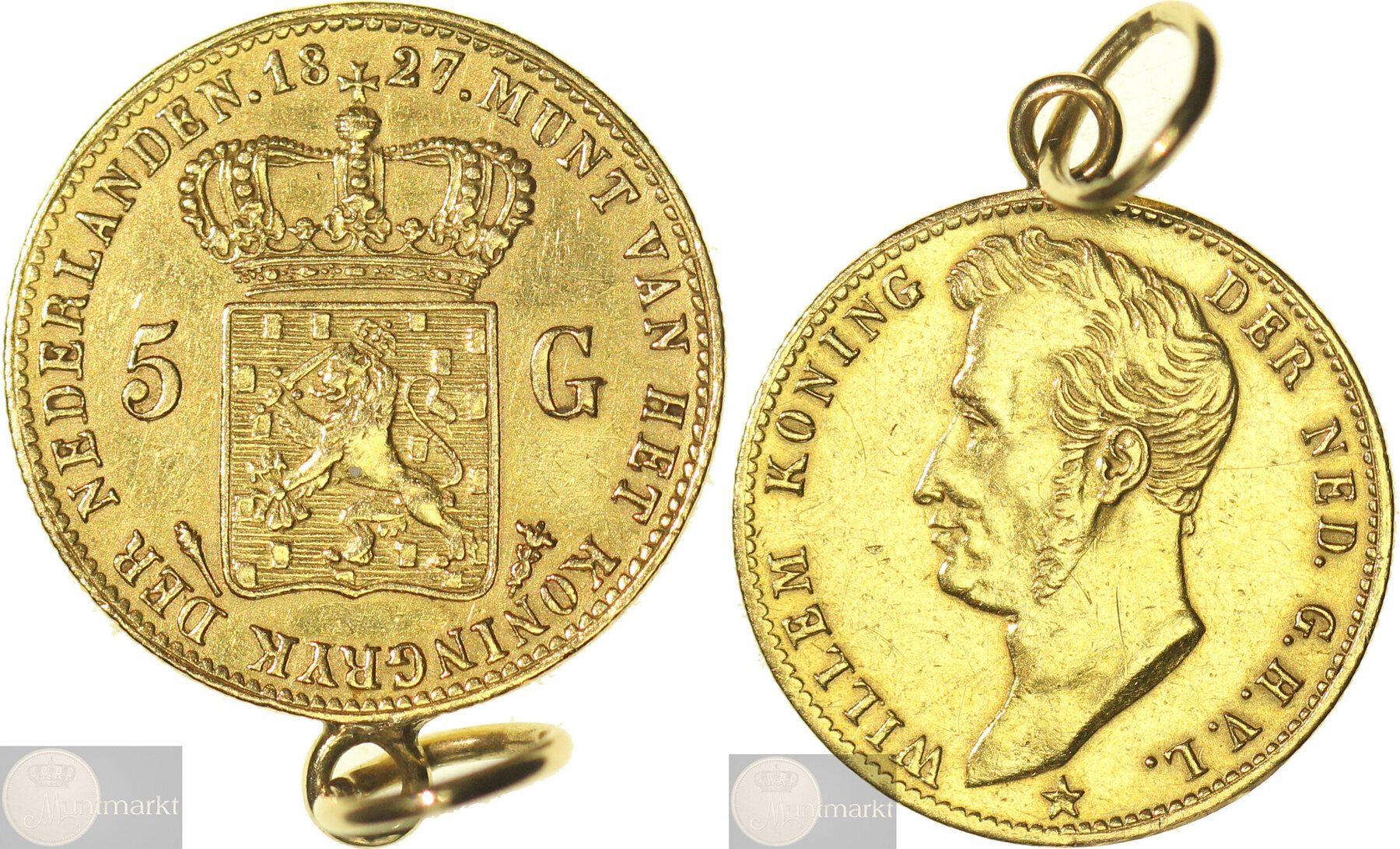 Koninkrijk der Nederlanden 5 gulden 1827 U Utrecht Willem I GOUD XF met
