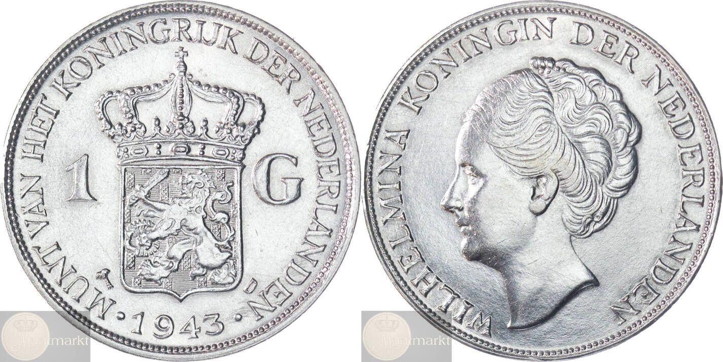 Koninkrijk der Nederlanden 1 Gulden 1943 Wilhelmina About