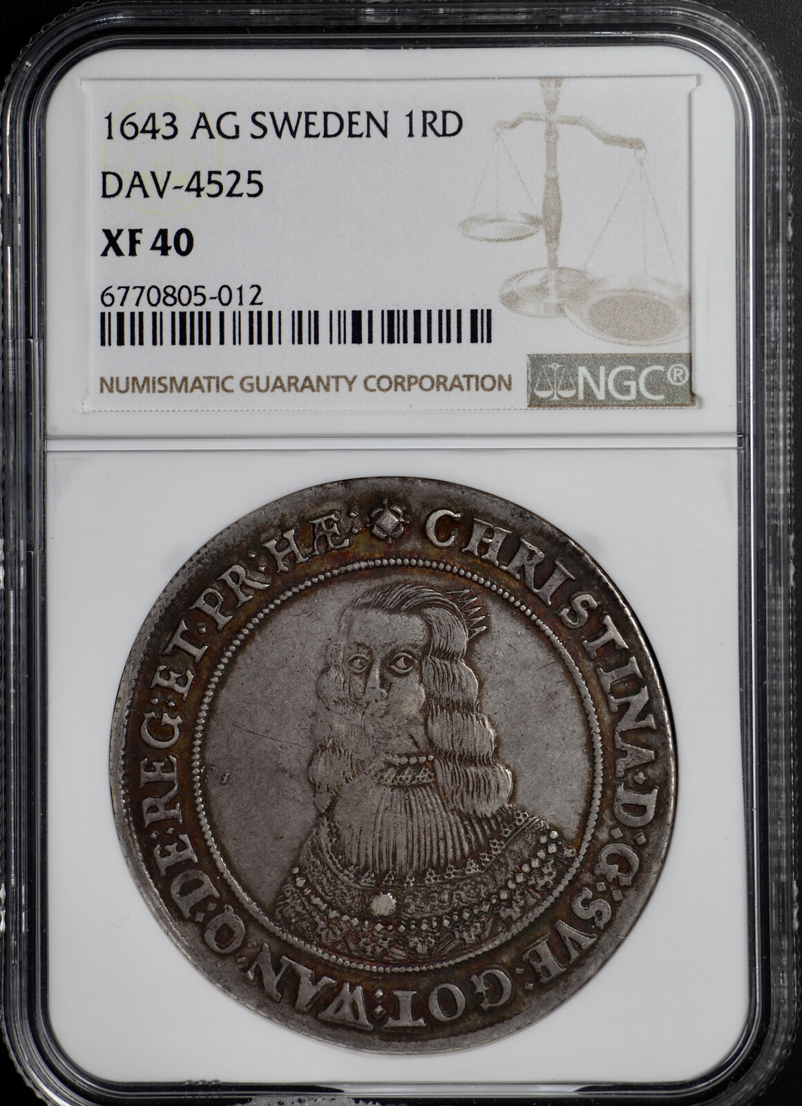SWEDEN 1 Riksdaler MDCXLIII (1643) Christina NGC XF 40 | MA-Shops