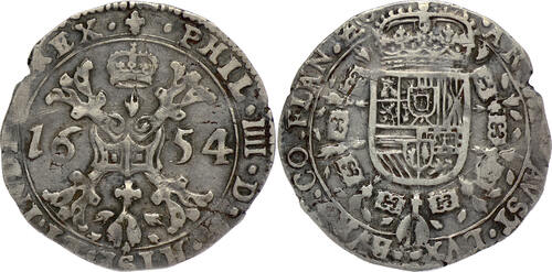 Southern Netherlands 1/4 Patagon 1654 County of Flanders (Bruges) - Philip IV - V.RARE date VF/GVF, 