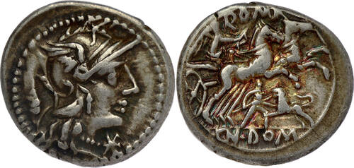 ROMAN REPUBLIC AR Denarius 128 B.C. Domitia - Cn. Domitius Ahenobarbus - Rome mint GVF