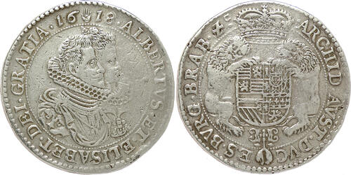 Southern Netherlands Ducaton PIEDFORT 1618 Duchy of Brabant (Antwerp) - Albrecht & Isabella VF, sl. 