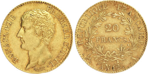 France 20 Francs AN12 (1803) Premier Empire - Bonaparte Premier Consul GEF, reddish patina