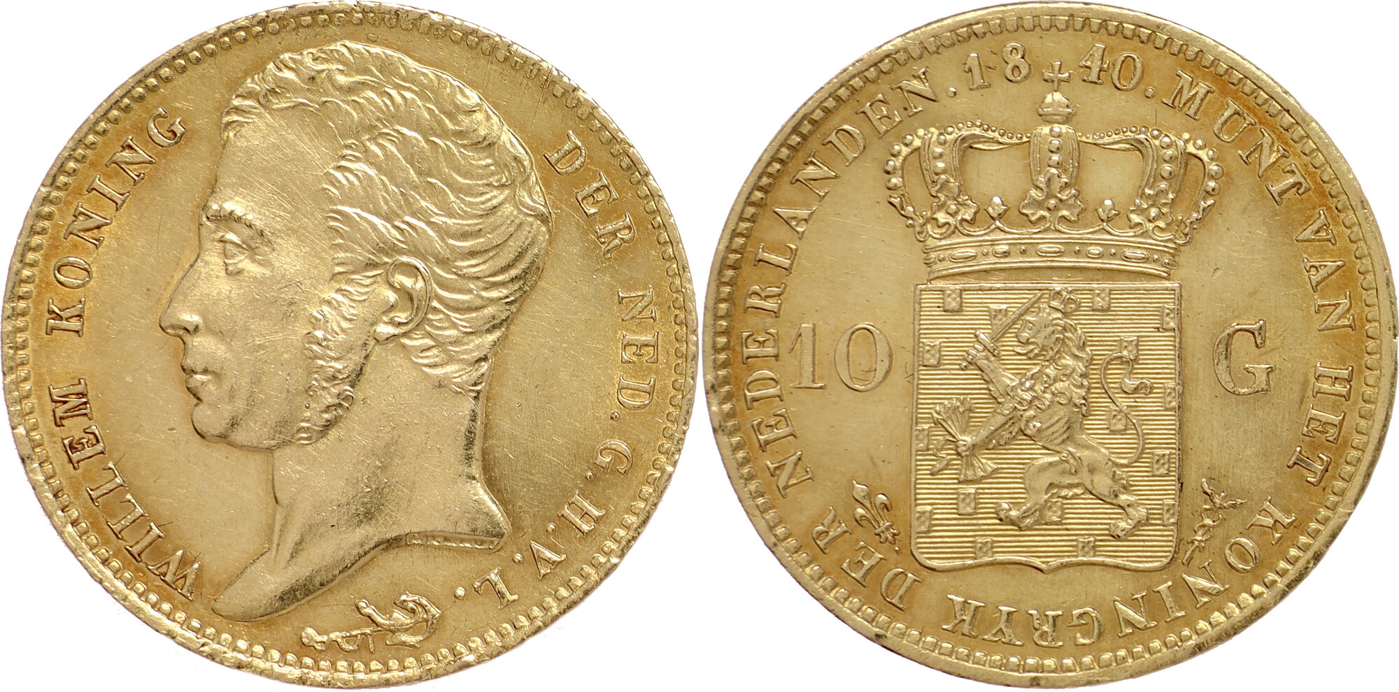 NETHERLANDS 10 Gulden 1840 over inverted 4 Kingdom - Willem I - Utrecht  Mint - privy mark altered (torch to lis) Choice AUNC | MA-Shops