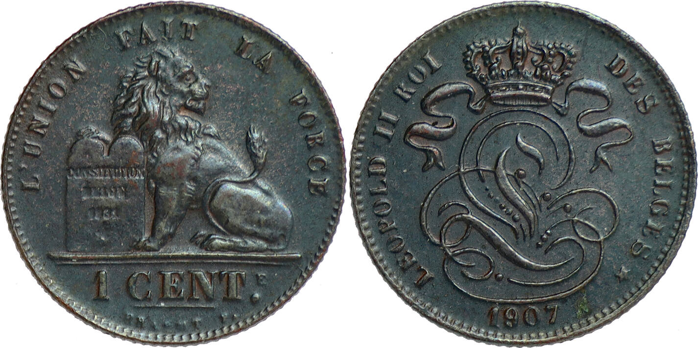 Belgium 1 Centime 1907 over 807 FR Leopold II - unlisted overdate