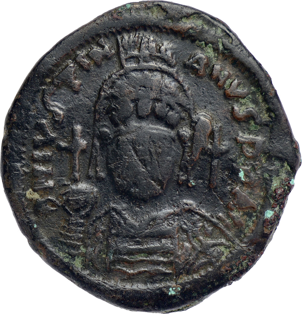 BYZANTINE EMPIRE AE Follis or 40 Nummi Year 18 (544-545 A.D.