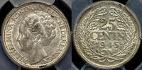 NETHERLANDS 25 Cent 1945 P Wilhelmina AU58