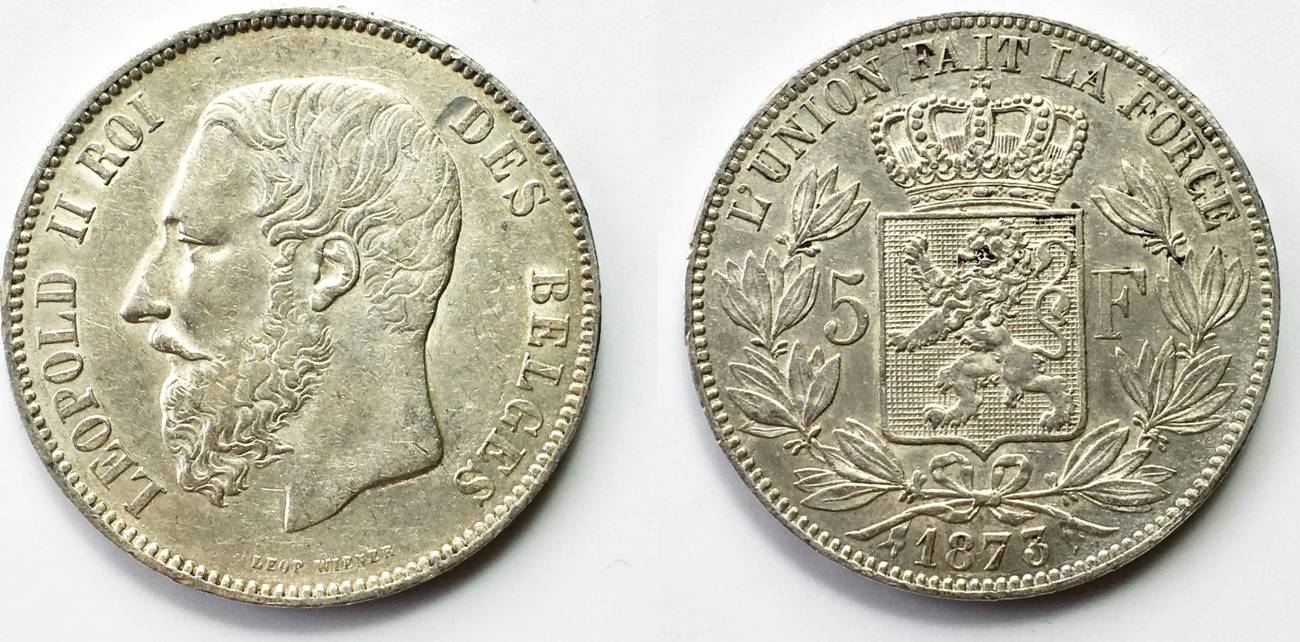 5 Francs, (1875) Belgium, Léopold II, vz+