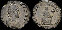 Roman AE16 Aelia Eudoxia, Augusta, AE16 Eudoxia enthroned facing -