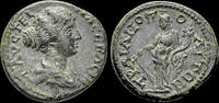 Thrace AE21 Thrace Trajanopolis Faustina II, Augusta AE21 Tyche standing left -