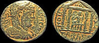 Gadara AE25 Syria Decapolis Gadara Caracalla AE25 Zeus seated left in tetrastyle temple -