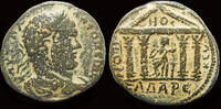 Gadara AE26 Syria Decapolis Gadara Caracalla AE26 Zeus seated left in tetrastyle temple -