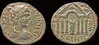 Decapolis AE24 Syria Decapolis Dium Caracalla AE24 altar within hexastylle temple -