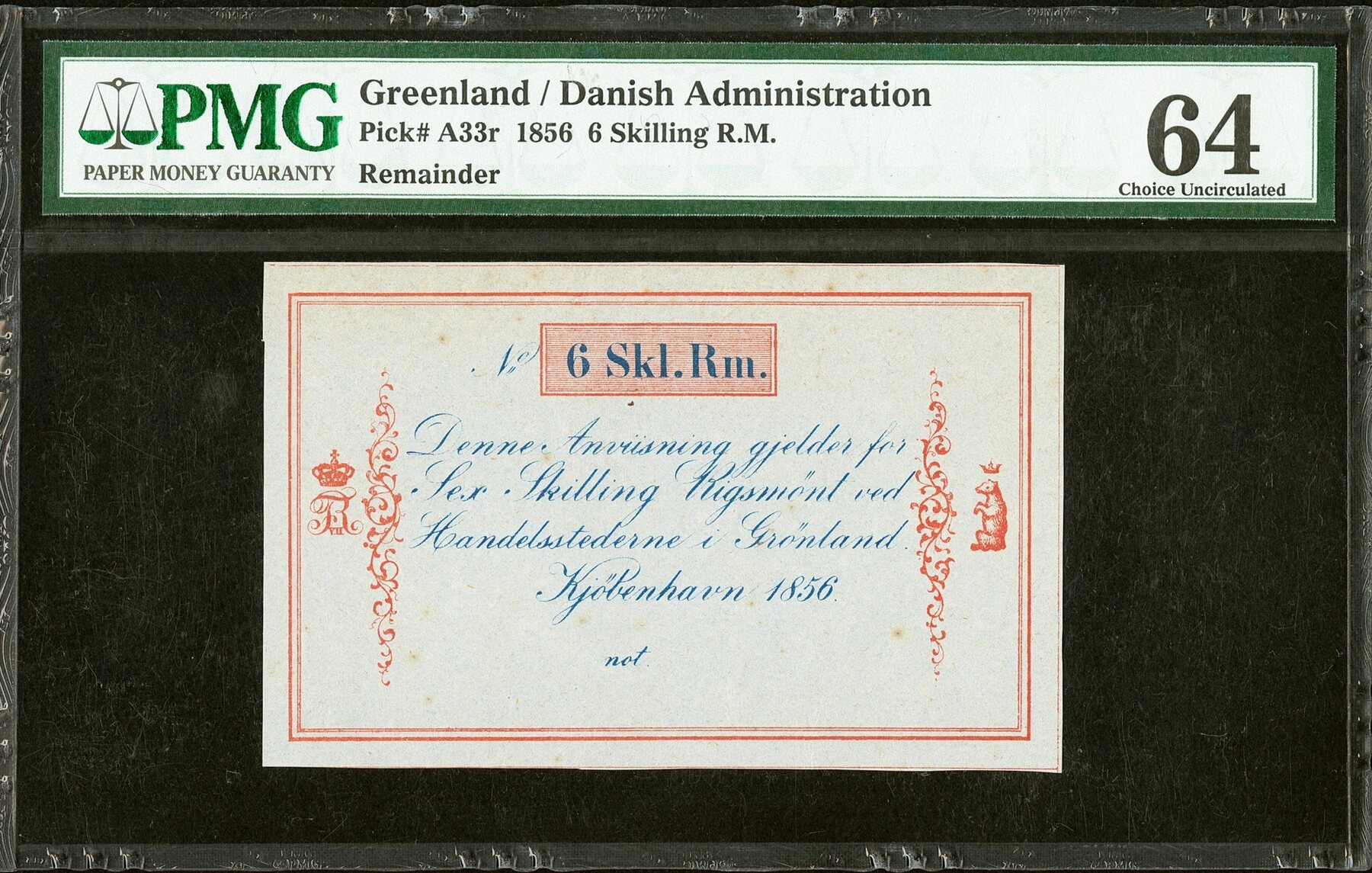 Greenland ( Denmark ) Remainder 6 Skilling R.M 1856 Pick-A33r CH UNC PMG 64  Русские монеты из драгоценных