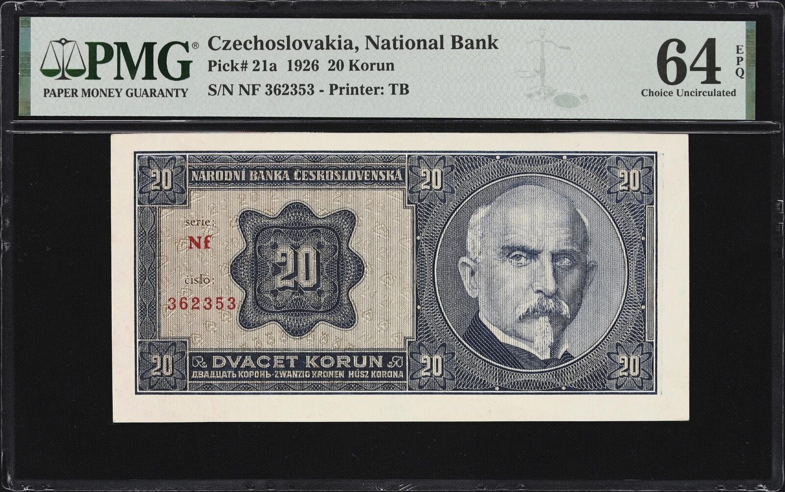 czechoslovakia-20-korun-not-perforated-1926-pick-21a-choice-unc-pmg-64
