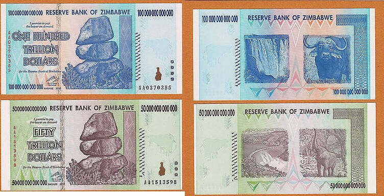 Zimbabwe 50 & 100 Trillion Dollars 2008 AA P-90 & 91 UNC Authentic & UV  Passed