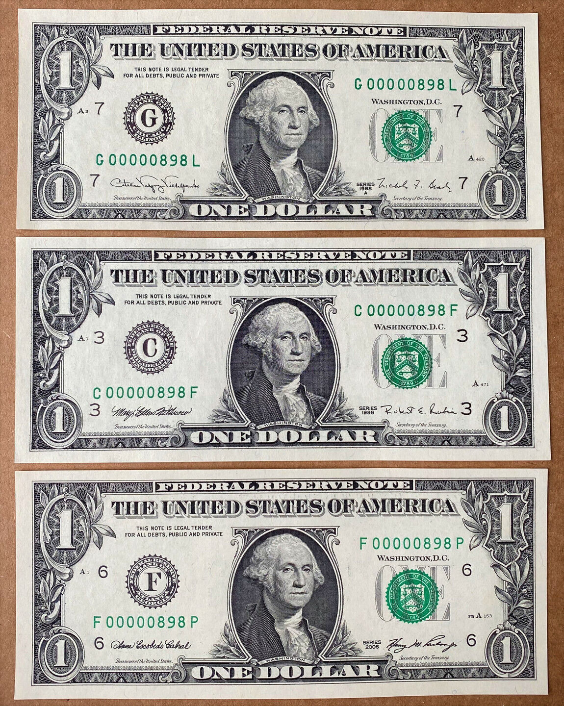 USA One Dollar Federal Reserve SET of 3 1988-2006 MATCHING LOW Serial ...