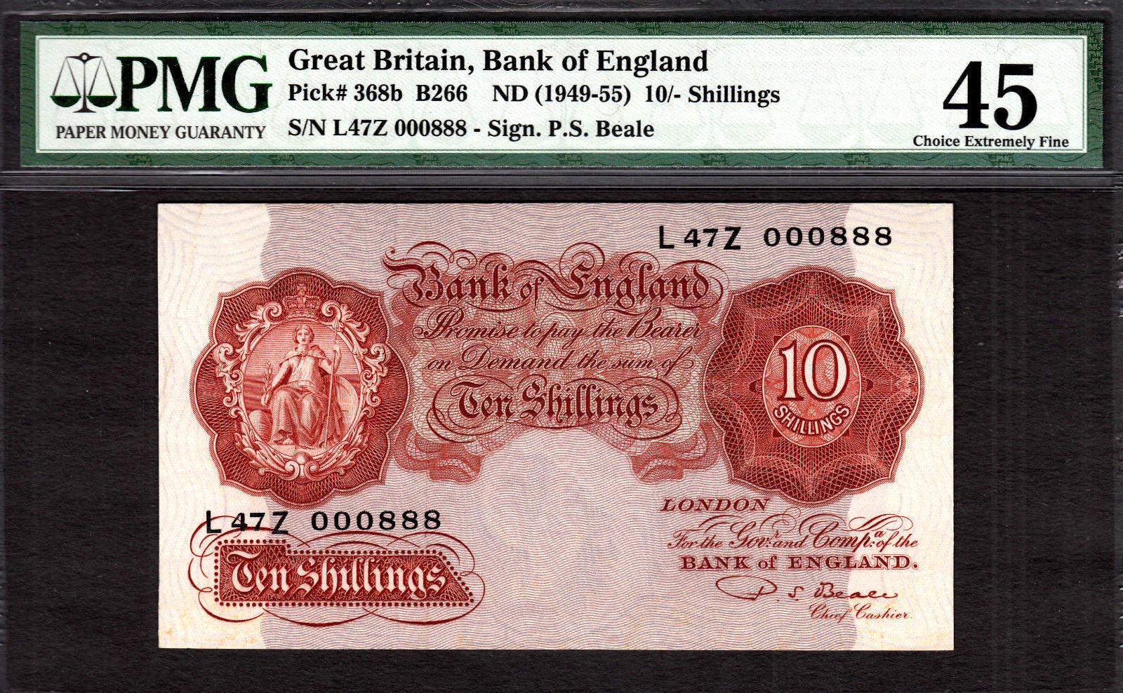 Uk Great Britain 10 Shillings 1949 55 England Low Serial 000888 Pick 368b Extra Fine Pmg 45 8646