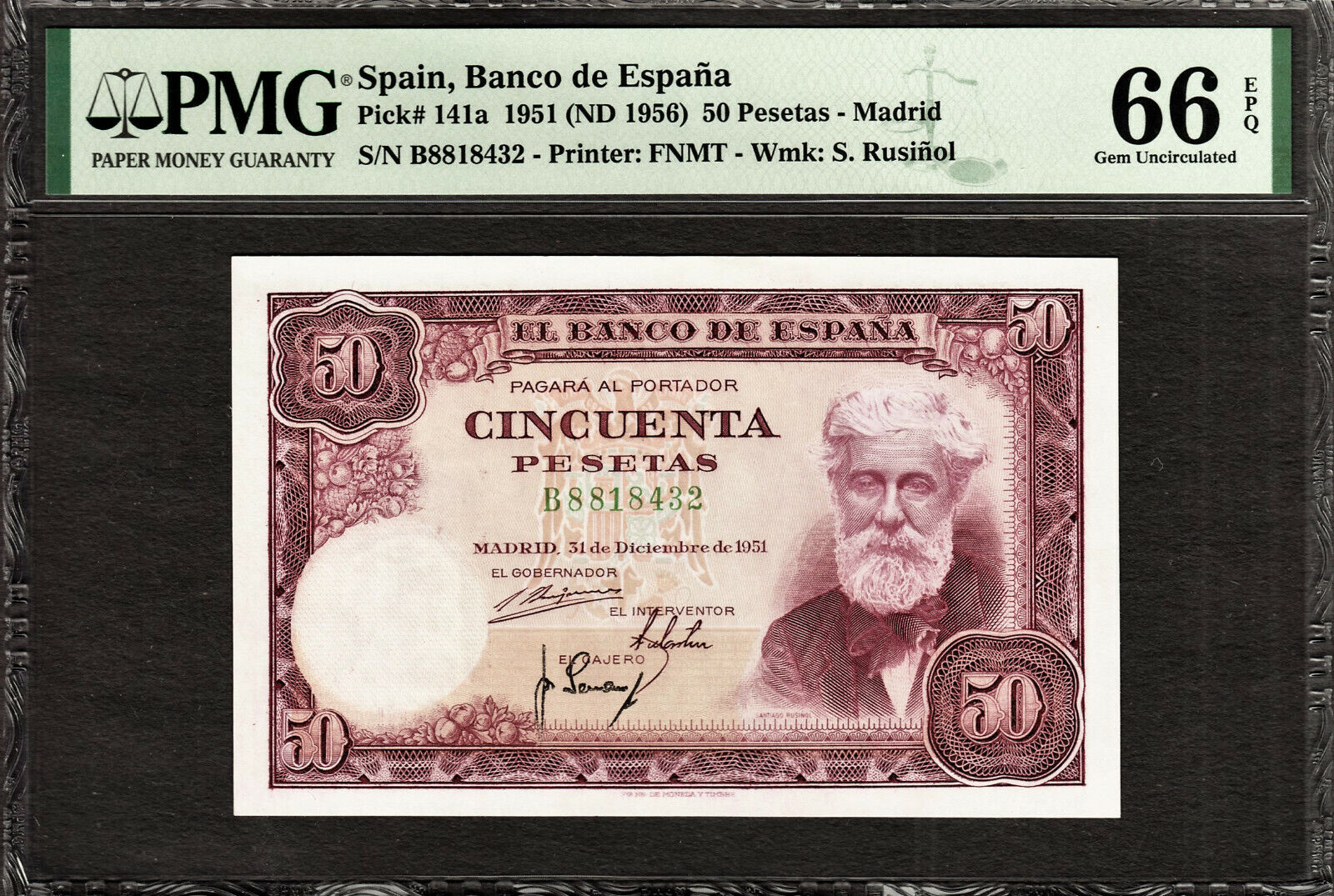 50 Pesetas Spain 1951 (ND 1956) Serie (B) Pick-141a GEM UNC PMG 66 EPQ |  MA-Shops