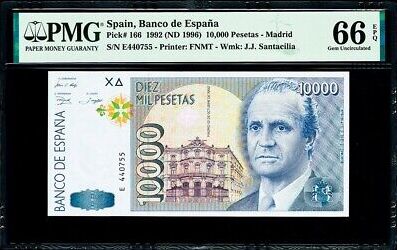 10,000 Peseta 1996 Spain 1992 6 Digit Letter (E) Pick-166 GEM UNC PMG 66 EPQ