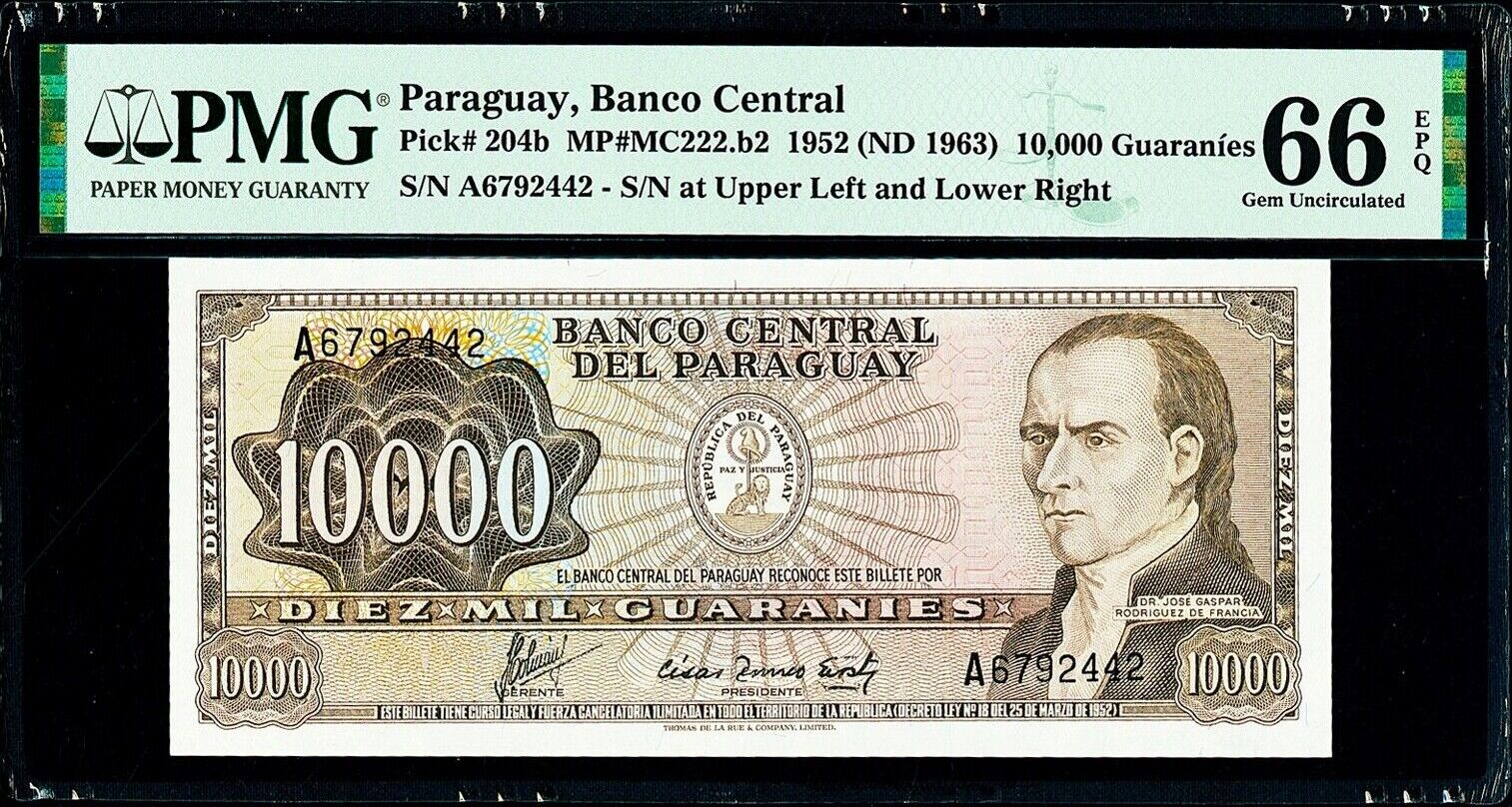 Paraguay 10,000 (10000) Guaranies 1952 (ND 1963) Pick-204b GEM UNC PMG ...