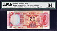 India 20 Rupees India ND Jagannathan 1st Prefix 00A Pick-82a CH UNC PMG 64 EPQ -