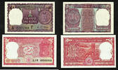 India 1 & 2 Rupees 1974-85 MATCHING LOW Number 000088 Pick-53Aa & 77n UNC