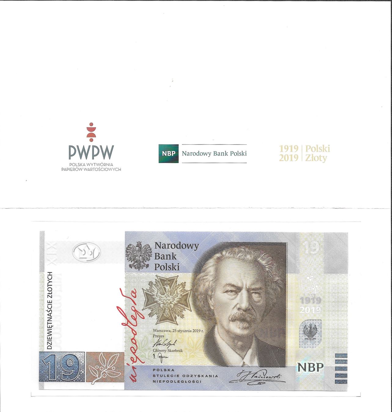 19 zlotych 100 TH ANNIVERSARY OF THE POLISH SECURITY PRINTING WORKS P-NEW 