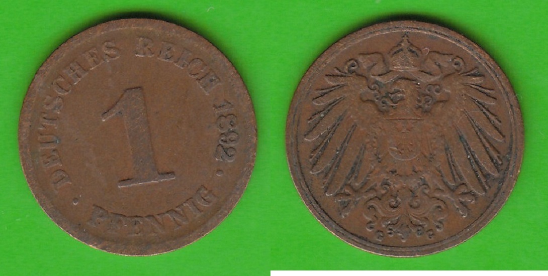 Kaiserreich 1 Pfennig 1892 G besserer Jahrgang VF- / VF | MA-Shops