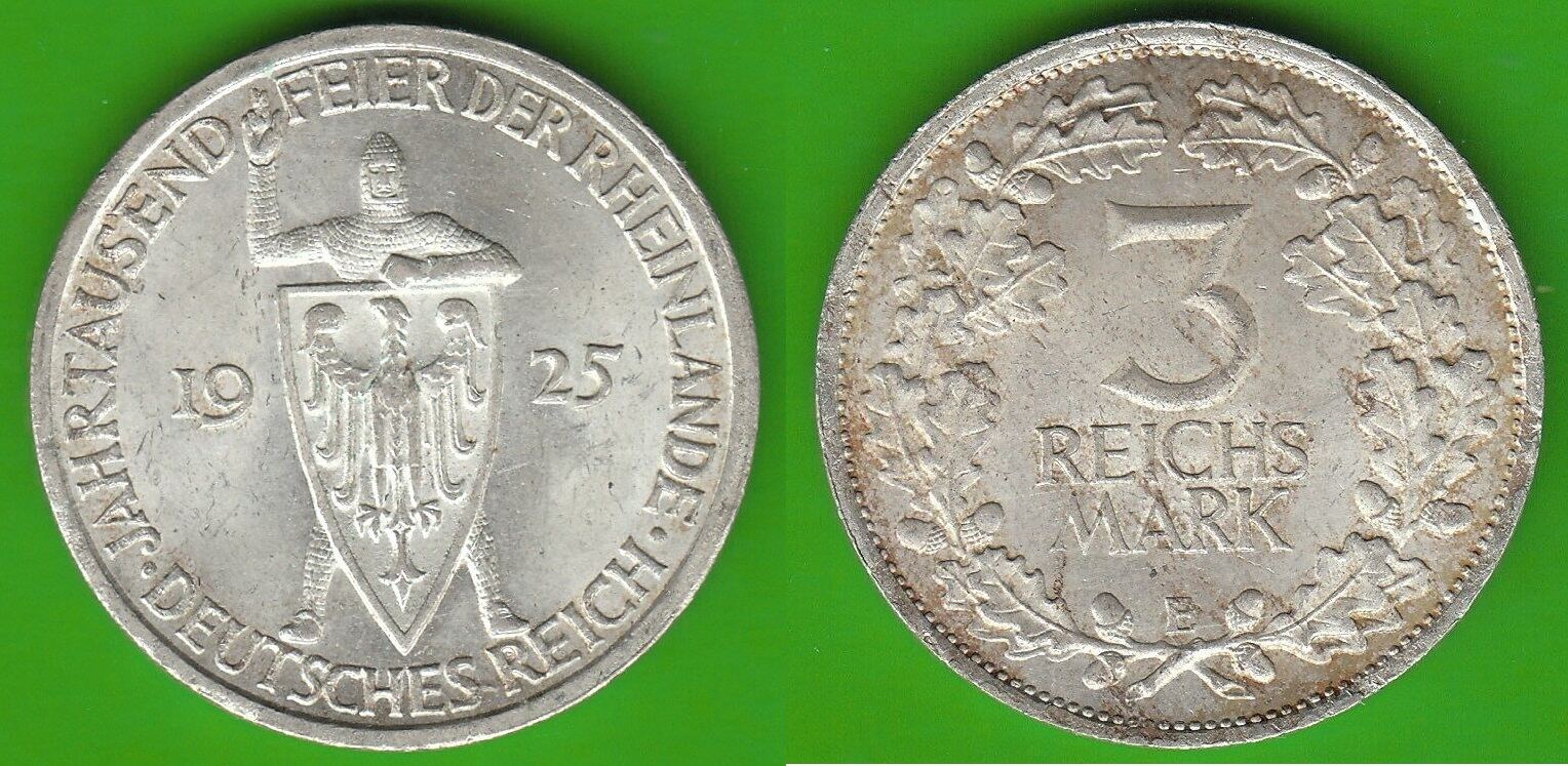 Weimarer Republik 3 Reichsmark 1925 E Rheinlandfeier Toll Erhalten CH 
