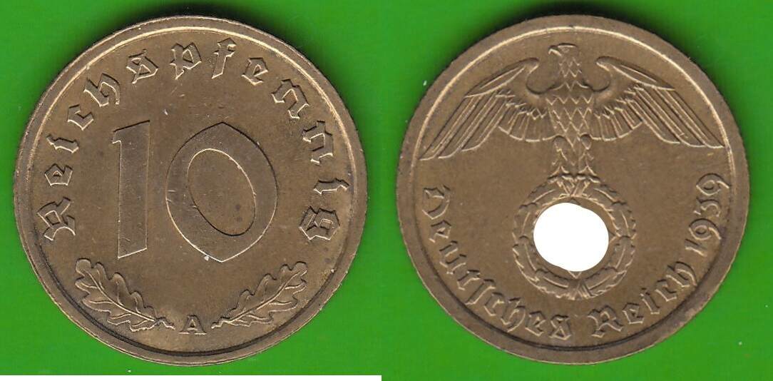 Drittes Reich 10 Reichspfennig 1939 A Hübsch EF / AU | MA-Shops