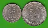 Schweden 25 und 50 Öre Gustaf V. 1907-1950, 2 Münzen, toll erhalten -
