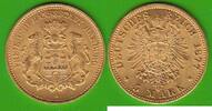 5 Mark 1877 Hamburg GOLD, sehr hübsch vz+/st-
