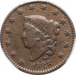 USA 1 Cent 1828 Coronet Head Cent, Large Narrow Date PCGS VF30BN