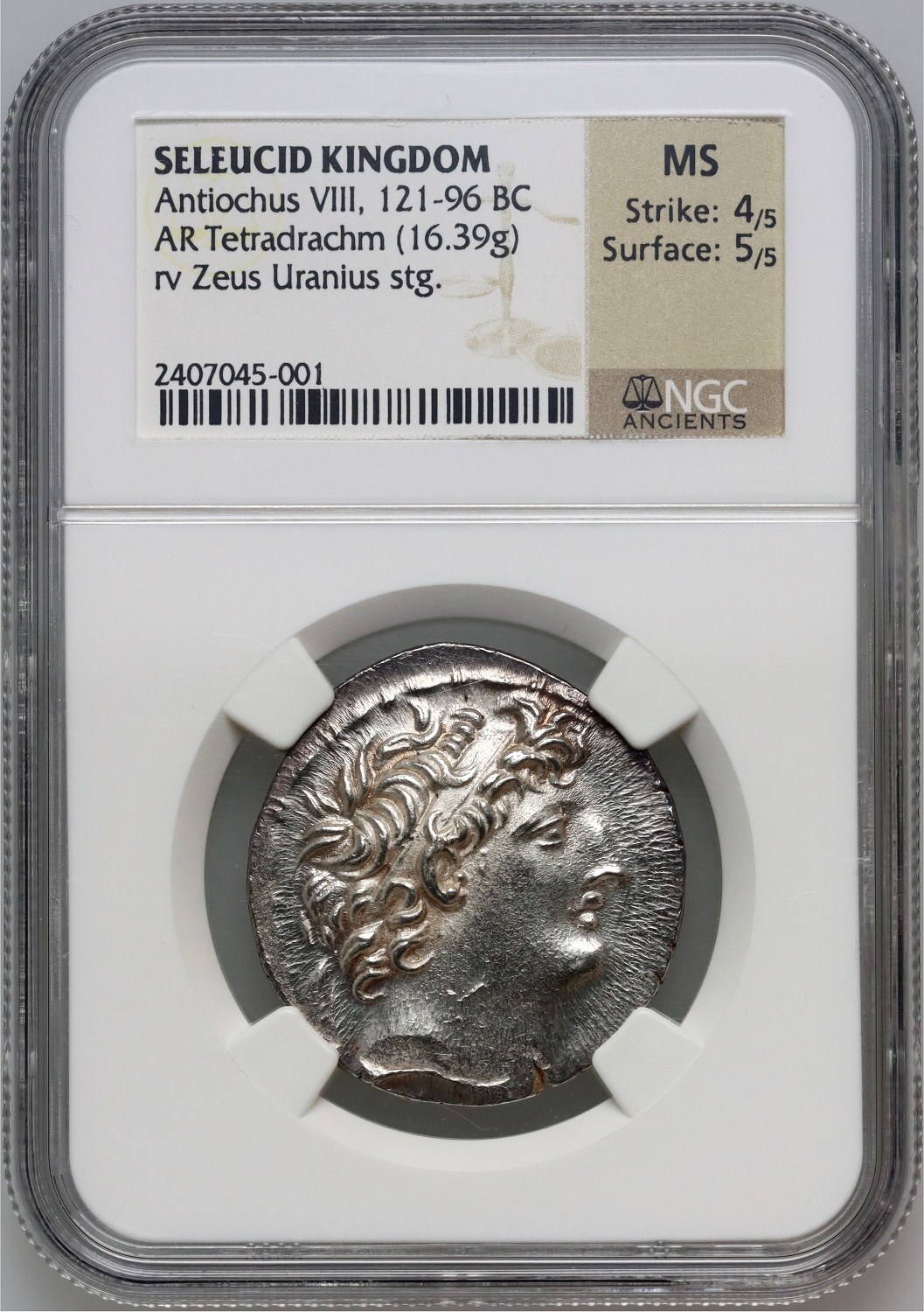 SELEUCID KINGDOM AR Tetradrachm Antiochus VIII, 121-96 BC NGC MS Strike:  4/5 Surface: 5/5 | MA-Shops