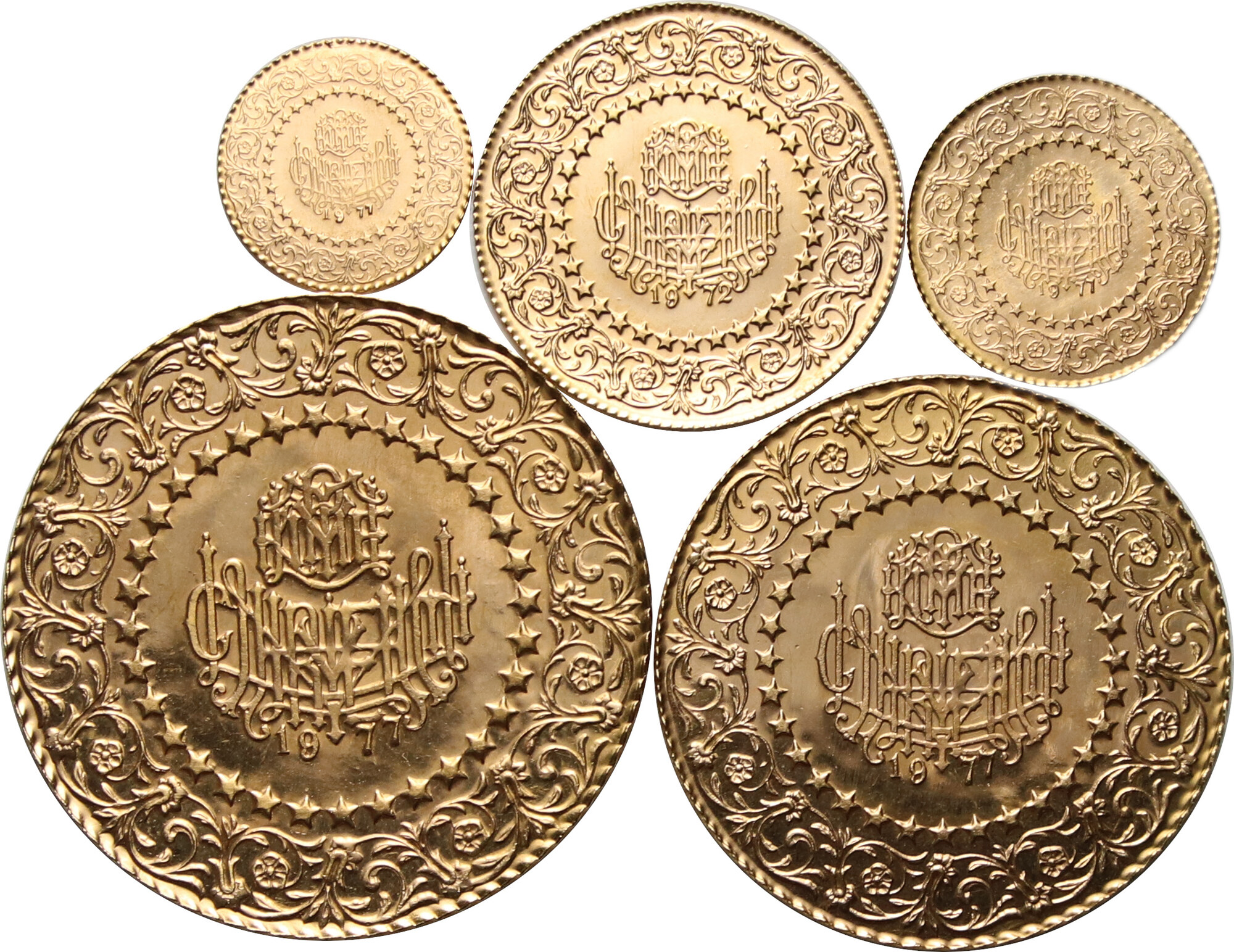 TURKEY 25 Kurus to 500 Kurus Set of 5 gold coins, Death of Kemal