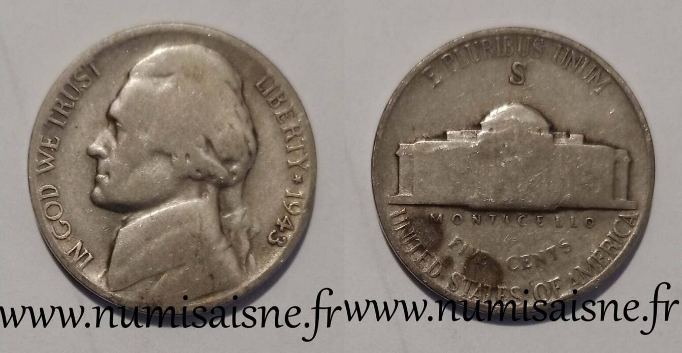 Etats-Unis UNITED STATES - KM 192 - 5 CENTS 1943 S - San