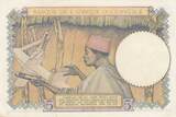 French West Africa 1938 5 Francs - Coffee - Man weaver - 10-03-1938 - Serial F.5977 - P.21 XF+