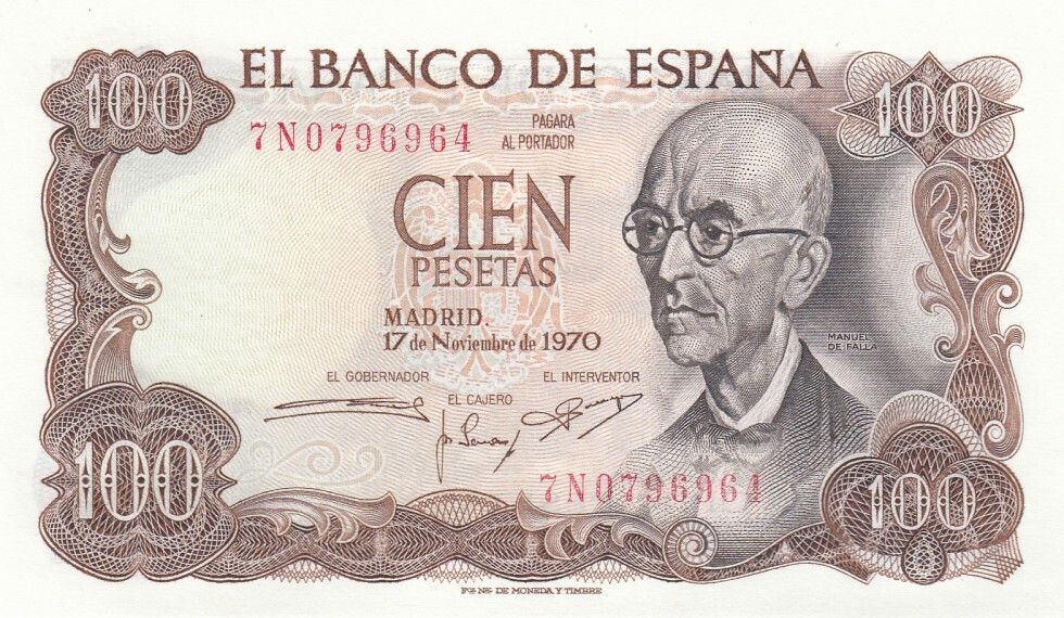 100 pesetas 17/11/1970 spain 100 pesetas manuel de falla 