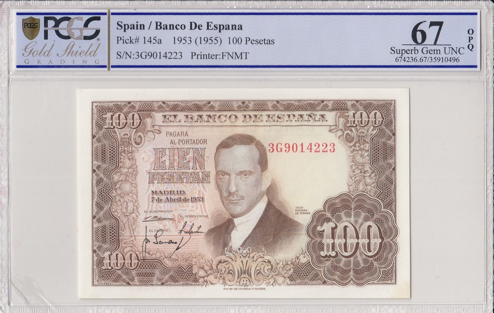 Spain 100 Pesetas 1953 J.R. de Torres PCGS 67 OPQ UNC