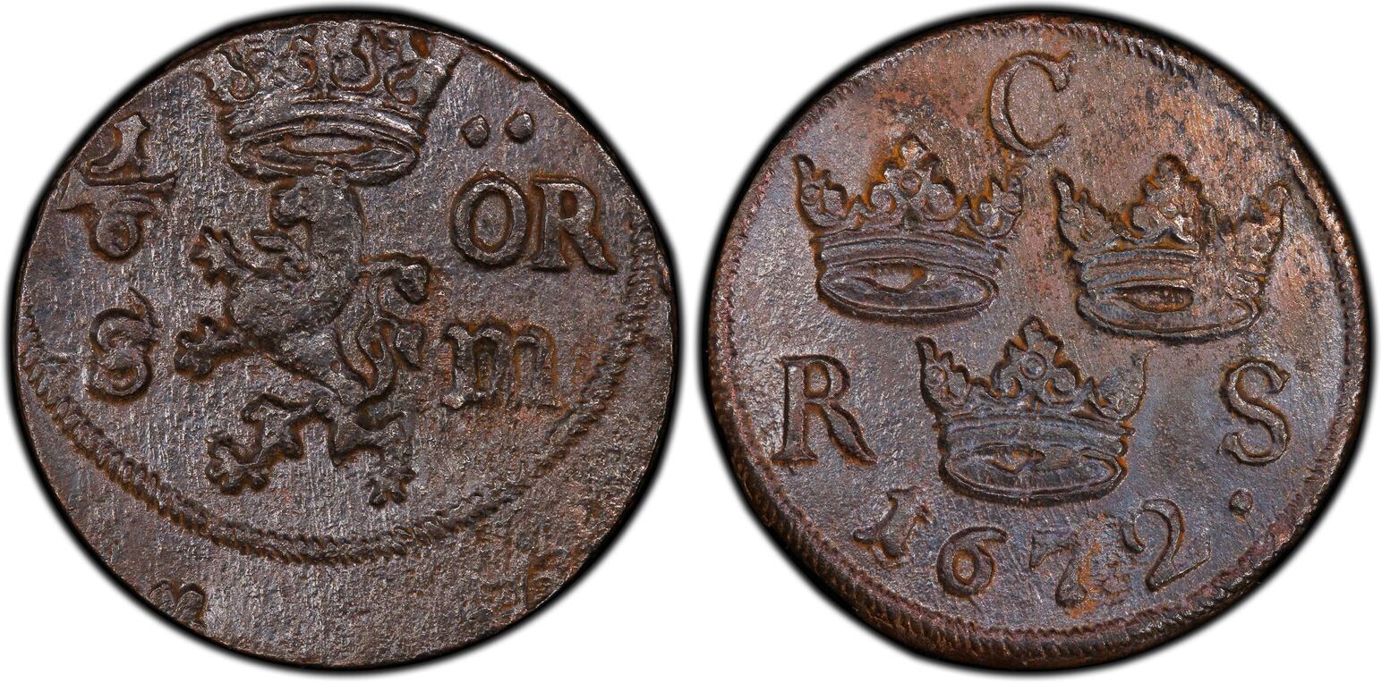 Sweden 1/6 Ore Carl XI - Arms - 1672 -PCGS Genuine VF | MA-Shops