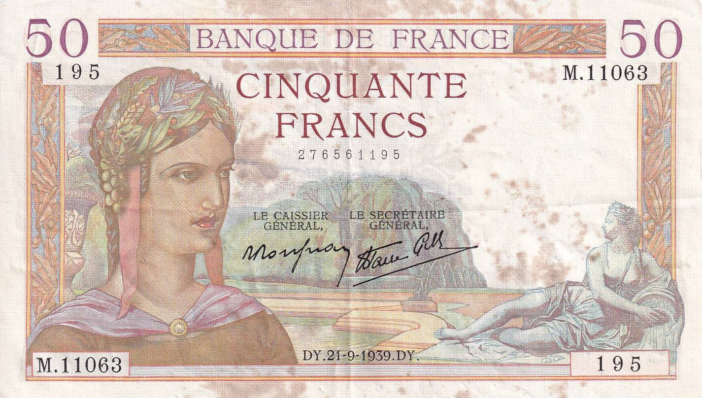 France 1939 50 Francs - Cérès - 21-09-1939 - Serial M.11063