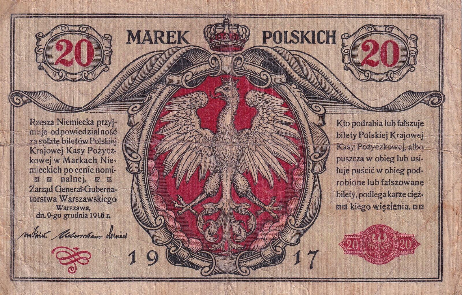 Poland 20 Marek - Eagles - 1917 - VG to F - P.4 FF | MA-Shops