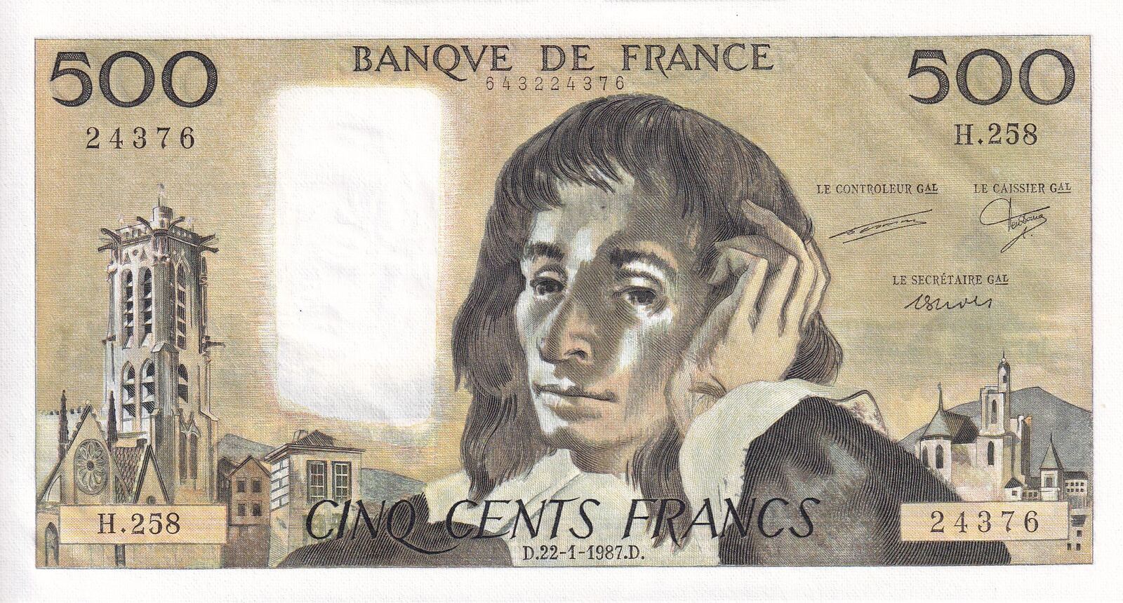 本物品質の フランス 美品ー 500Francs パスカル 1987年 世界