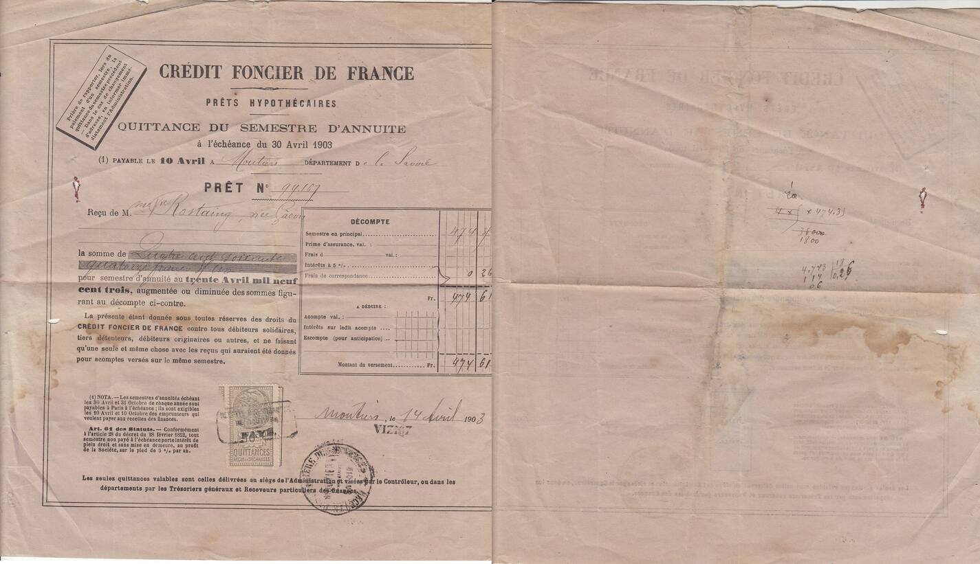 474 francs - Bank cheque receipt - Crédit foncier de france - 1903 VF