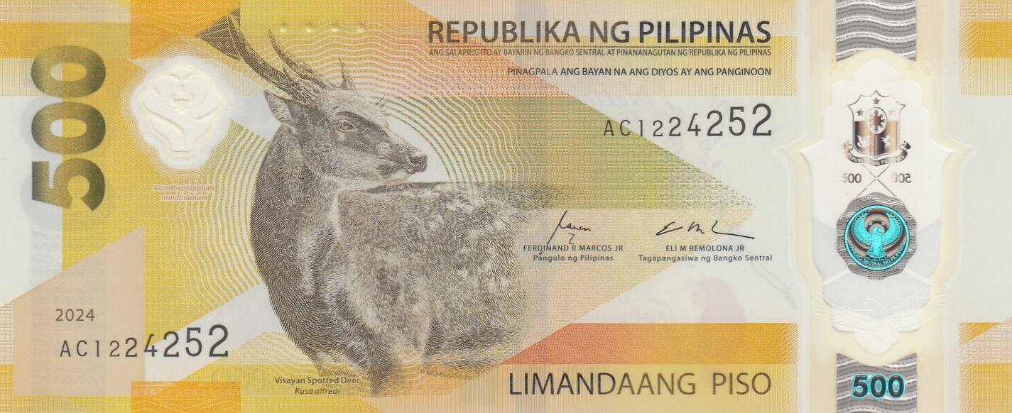 Philippines 100 piso 500 Pesos - Cerf - Parrot - Polymer - 2024 - AC Series  UNC | MA-Shops