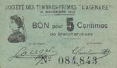 France 5 centimes 5 cent. Agen Sté Timbres-Primes L'Agennaise -