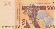 West AFrican States 500 francs 500 Francs Mask - Hippopotamus - 2024 A Ivory Coast -