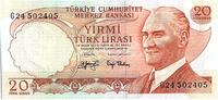Turkey 20 lira 10 Lira, Pdt Ataturk - Mausoleum - 1974 - P. 187 a -