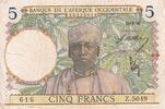 French West Africa 5 francs 5 Francs - Coffee tree - Man weaving - 10-03-1938 - Serial Z.5049 - VF+ - P.21 -